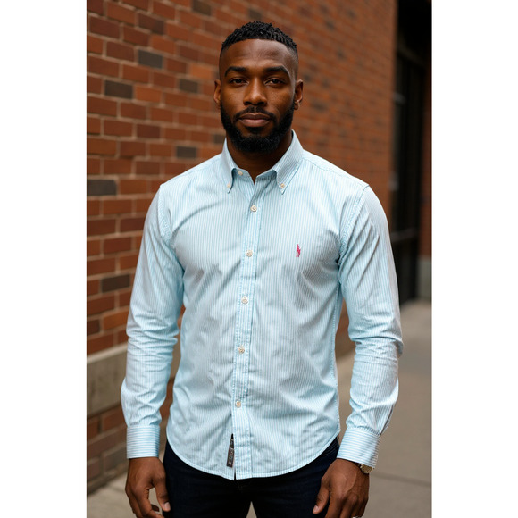 Ralph Lauren Custom Fit Men XXL Long Sleeve Button Down Teal Stripes Pink Pony - Picture 1 of 10